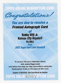 2022 Topps Gold Label FA-BWJ Bobby Witt Jr. RC Framed Autograph AUTO REDEMPTION