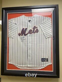 FRAMED Autographed/Signed DWIGHT DOC GOODEN 33x42 NY Pinstripe Jersey PSA COA