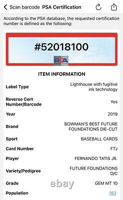 Fernando Tatis Jr Rookie 2019 Bowman's Best Refractor Die Cut PSA 10 Gem Mint RC