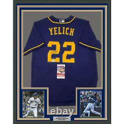 Framed Autographed/Signed Christian Yelich 33x42 Brewers Blue Jersey JSA COA