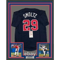Framed Autographed/Signed John Smoltz 33x42 Atlanta Blue Baseball Jersey JSA COA