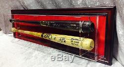 Premium Wall Mount 2 Baseball Bat Display Case, Mahogany frame, red background