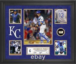 Collage de 5 photos encadrées de Salvador Perez des Royals de KC avec un morceau de baseball GU