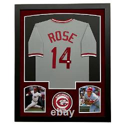 Maillot de baseball signé Pete Rose personnalisé en gris de Cincinnati encadré en daim mat